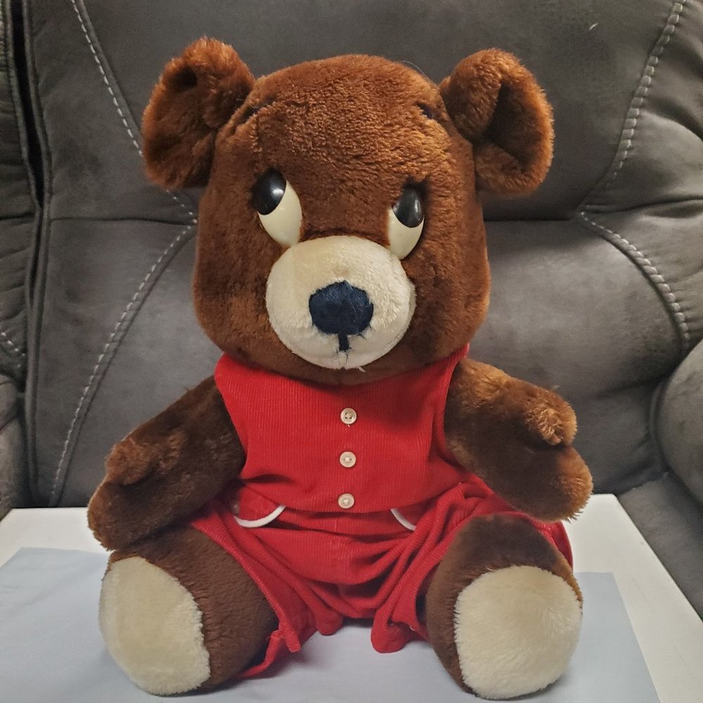 Plush R. Dakin Teddy Bear with Big Eyes in Red Outfit - 1976 - 14 inch Tall